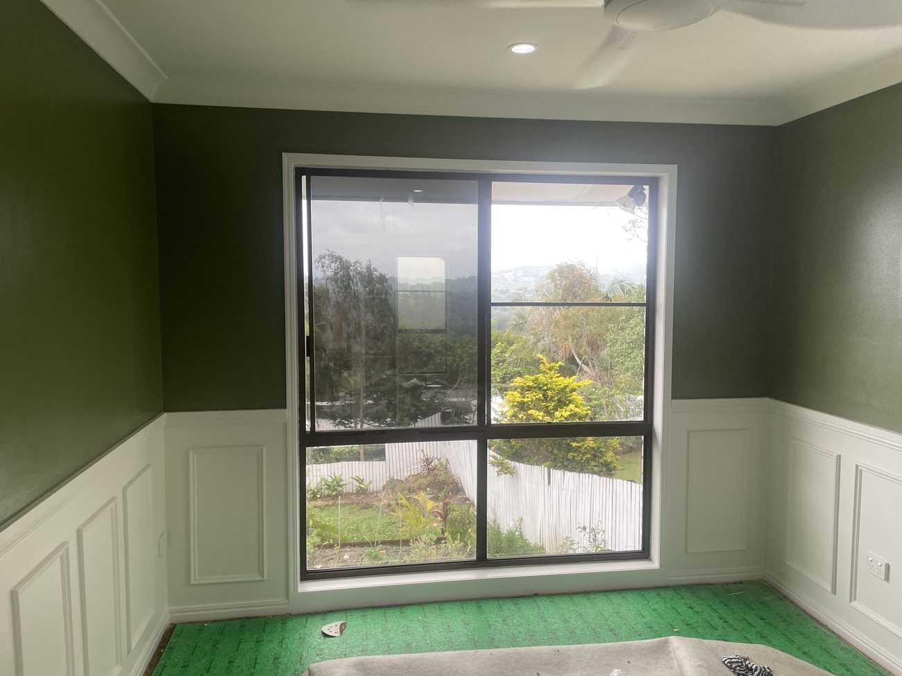 Green feature wall with white wainscoting and rural views